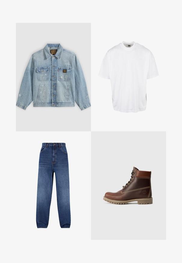 Hellblaue Jeansjacke mit Knopfleiste vorne, zwei Brusttaschen, Seitentaschen und abgenutzten Farbspritz-Details an Ärmeln und Vorderseite.; Weißes Baumwoll-T-Shirt mit lockerer Passform, kurzen Ärmeln und rundem Halsausschnitt, mit geradem Saum und ohne sichtbare Grafiken oder Muster.; Denim-Jeans in Dunkelblau. Hoch tailliertes Design mit lockerer Passform. Verfügt über Fronttaschen und einen dezenten Ausbleichungseffekt an den Beinen.; Braune Leder-Schnürstiefelette mit gepolsterter Knöchelpartie, kontrastierenden Nähten und robustem Sohlendesign, von der Außenseite auf einem weißen Hintergrund gezeigt.