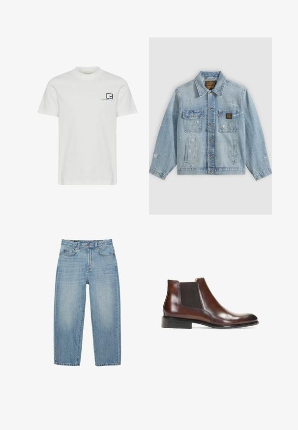 Veste en denim bleu clair avec fermeture à boutons, deux poches poitrine, poches latérales et détails usés avec éclaboussures de peinture sur les manches et le devant.; T-shirt en coton blanc avec un col rond et des manches courtes. Présente un logo graphique bleu marine et du texte sur la partie gauche de la poitrine.; Jean en denim bleu clair à jambes droites avec bouton à l'avant, fermeture éclair et design à cinq poches sur fond blanc.; Bottine en cuir marron avec des panneaux latéraux élastiques, une finition lisse, des coutures décoratives et un talon rectangulaire bas.