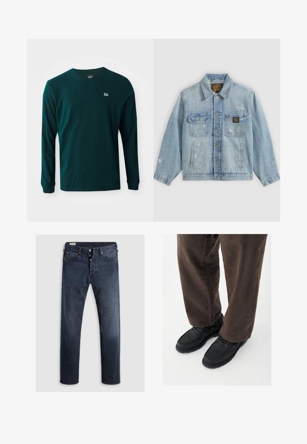 Veste en denim bleu clair avec fermeture à boutons, deux poches poitrine, poches latérales et détails usés avec éclaboussures de peinture sur les manches et le devant.; T-shirt à manches longues en coton vert foncé avec un col rond et un petit logo blanc sur la poitrine gauche. Texture lisse, coupe décontractée.; Jeans en denim bleu foncé avec une coupe droite, dotés d'un zip et de boutons en métal, ainsi que d'accents de rivets en cuivre. Texture lisse, sans motifs visibles.; Chaussures en cuir noir avec une finition lisse, bout arrondi et design à lacets, associées à un pantalon marron texturé. Vue en contre-plongée.