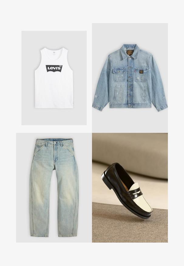 Veste en denim bleu clair avec fermeture à boutons, deux poches poitrine, poches latérales et détails usés avec éclaboussures de peinture sur les manches et le devant.; Débardeur en coton blanc avec un logo Levi's noir au centre. Design simple avec un col rond et de larges emmanchures.; Jean large couleur bleu clair en denim. Comprend cinq poches, une fermeture par bouton et des zones délavées pour un aspect usé.; Mocassin en cuir noir avec un empeigne crème et des rayures noires, présentant un petit talon et des coutures détaillées le long des bords.