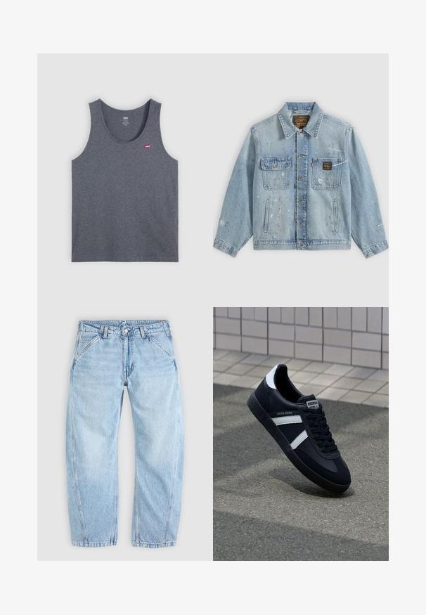 Hellblaue Jeansjacke mit Knopfleiste vorne, zwei Brusttaschen, Seitentaschen und abgenutzten Farbspritz-Details an Ärmeln und Vorderseite.; Graues Baumwoll-Trägershirt mit rundem Ausschnitt, ärmellosem Design und kleinem rotem Levi's-Logo auf der linken Brustseite. Schlichte Textur.; Hellblaue Jeans aus Denim mit entspannter Passform, vorderem Knopf- und Reißverschluss, schrägen Vordertaschen und Gürtelschlaufen.; Schwarze Leder-Sneaker mit weißen Streifen, strukturiertem Gummisohle und Schnürung. Verfügt über ein Markenetikett auf der Zunge.
