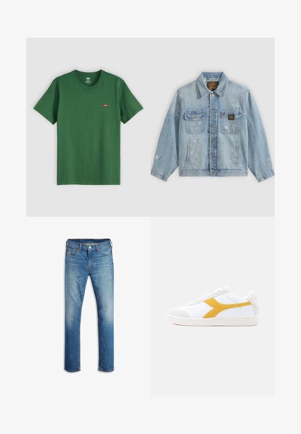 Lichtblauwe spijkerjas met knopen aan de voorkant, twee borstzakken, zijzakken en verweerde verfspetterdetails op mouwen en voorkant.; Groene katoenen t-shirt met een ronde hals, korte mouwen en een klein rood Levi's-logo op de linkerkant van de borst. Zachte textuur, normale pasvorm.; Lichtblauwe denim jeans met een recht model, vijf zakken, knoopsluiting, subtiele vervaging en oranje stikselaccenten.; Witte sneakers met een gele suède accent en een rubberen zool met textuur, voorzien van een gladleren bovenwerk en een vetersluiting.