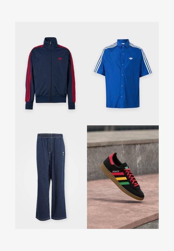 Marineblå zip-up træningstrøje med røde striber på ærmerne og rødt Adidas-logo på brystet, høj krave samt ribstrikkede manchetter og kant.; Blå kortærmet skjorte med knapper, med hvid Adidas-logo på brystet og tre hvide striber langs skuldrene og ærmerne.; Navy stribede bukser med lyseblå lodrette striber, elastisk talje, bred benudskæring og et lille logo på siden. Stoffet har en glat tekstur.; Sort Adidas Spezial-sneaker med røde, gule og grønne striber, røde snørebånd, gummisål og rødt hældetalje, vist svævende over fortovet.
