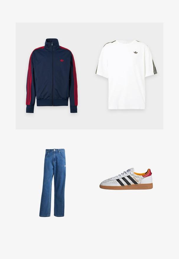 Navyblauwe trainingsjas met rits, rode strepen op de mouwen en rood Adidas-logo op de borst, hoge kraag en geribbelde boorden en zoom.; Witte katoenen t-shirt met korte mouwen, voorzien van zwarte drie-strepen accenten op de schouders en een klein zwart logo op de borst.; Blauwe hoge taille wijde spijkerbroek met voorzakken, riemlussen, knoopsluiting en klein Adidas-logo op de rechterdij.; Witte Adidas Spezial sneaker met zwarte strepen, gumzool, doorgestikt patroon, rood hielstuk en gele voering, zijaanzicht.