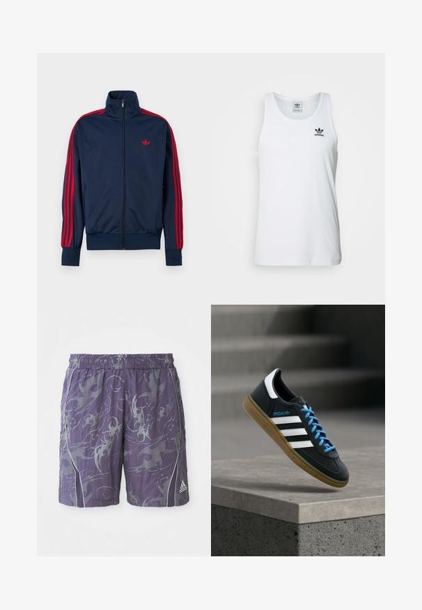 Veste de survêtement bleu marine zippée avec des rayures rouges sur les manches et un logo Adidas rouge sur la poitrine, col montant et poignets et ourlet côtelés.; Débardeur blanc à côtes avec col rond, logo Adidas noir sur la poitrine gauche, sans manches. Matière en coton doux, coupe décontractée.; Shorts de sport violets avec des motifs argentés abstraits, ceinture élastique, bandes latérales et logo Adidas en bas à droite de la jambe.; Baskets Adidas noires avec des rayures blanches, des lacets bleus et une semelle en gomme flottant au-dessus d'une marche en béton grise sous une lumière douce.