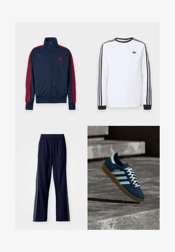 Veste de survêtement bleu marine zippée avec des rayures rouges sur les manches et un logo Adidas rouge sur la poitrine, col montant et poignets et ourlet côtelés.; Chemise blanche Adidas à manches longues avec col rond noir, poignets noirs, trois bandes noires le long des manches et logo trèfle noir sur la poitrine.; Pantalon de sport bleu marine avec une taille élastique, comportant trois bandes latérales blanches et une coupe droite. Texture en denim doux.; Baskets Adidas Spezial bleues avec des rayures et des lacets blancs, semelle en gomme, flottant au-dessus d'une surface en béton rugueuse et des marches en arrière-plan.