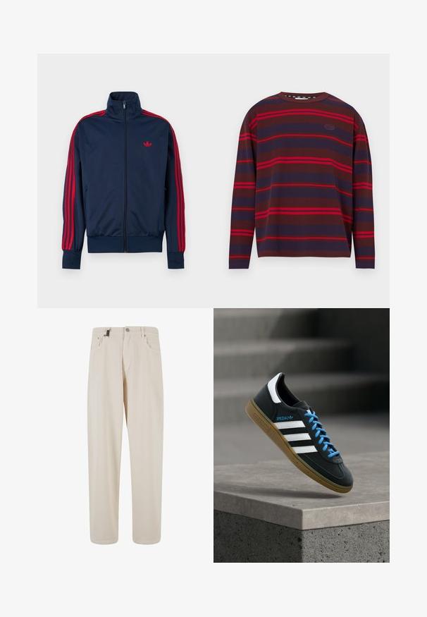 Marineblauer Trainingsjacke mit Reißverschluss, roten Streifen an den Ärmeln und rotem Adidas-Logo auf der Brust, hohem Kragen sowie gerippten Bündchen und Saum.; Langärmeliges gestreiftes Hemd mit horizontalen Streifen in Dunkelbraun, Marineblau und Rot. Gerippte Textur mit rundem Ausschnitt und Logodetail.; Beige Baumwollhose mit geradem Bein, ausgestattet mit Vorderwärtstaschen und einem Knopfverschluss. Glatte Textur mit minimaler Detailierung.; Schwarzer Adidas-Sneaker mit weißen Streifen, blauen Schnürsenkeln und Gummisohle, der über einer grauen Betontreppe im weichen Licht schwebt.