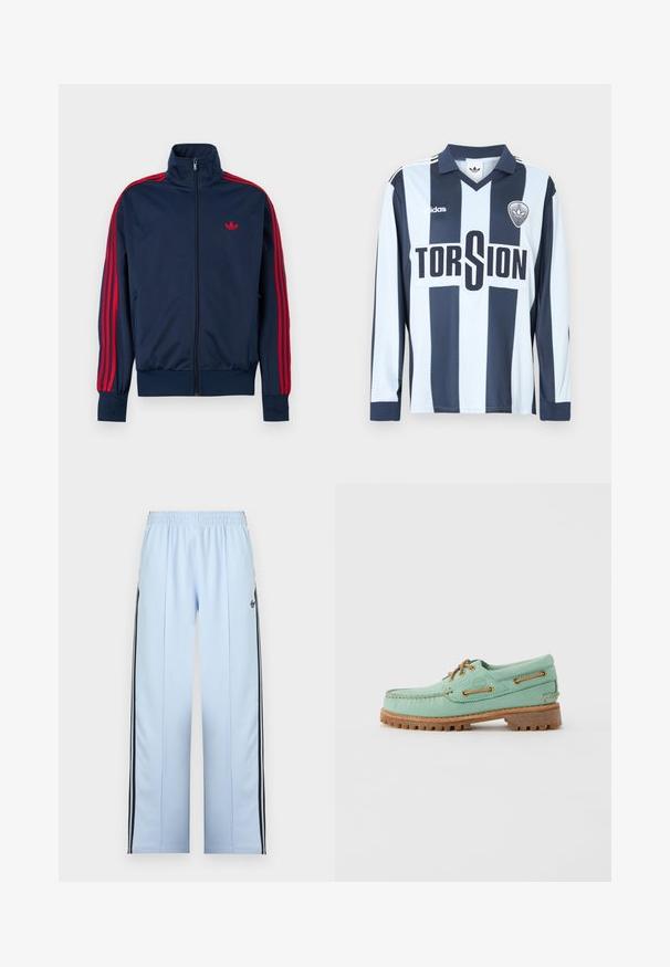 Marineblå zip-up træningstrøje med røde striber på ærmerne og rødt Adidas-logo på brystet, høj krave samt ribstrikkede manchetter og kant.; Langærmet fodboldtrøje med lodrette lyseblå og mørkeblå striber, krave og "TORSION" grafik i fed sort.; Lyseblå træningsbukser med elastisk taljebånd, sorte sidelister og lille sort Adidas-logo på venstre lår.; Lysegrøn læder bådsko med brune snørebånd og øjer, med en tyk tekstureret gummisål og syningsdetaljer langs kanterne.