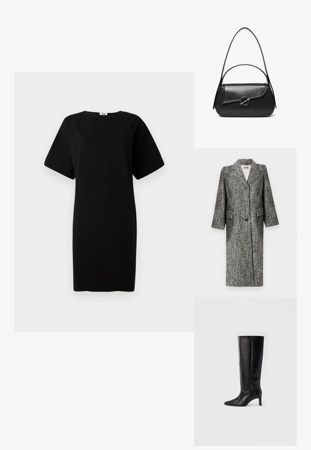 DRYKORN AISBY - Manteau classique - black; Robe noire avec une coupe ample, des manches courtes et une coupe droite. Fabriquée en tissu doux et lisse avec un col rond.; Bottes noires montantes en cuir lisse, avec un bout pointu et un talon fin, une tige ajustée et un design minimaliste.; Sac à bandoulière en cuir noir avec un rabat incurvé fermé par un fermoir métallique rond et une sangle fine et ajustable.