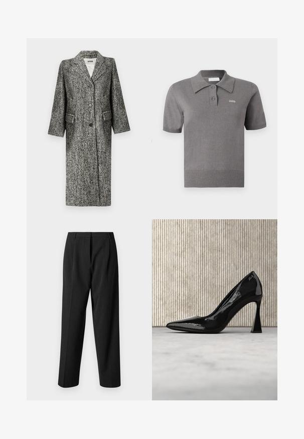 DRYKORN AISBY - Mantel - black; Grijs poloshirt met korte mouwen van gebreide stof, met een kraag, een knoopsluiting met twee knopen en een geribde zoom met een klein logo op de borst.; Zwarte op maat gemaakte broek met een recht model, voorzien van een textuurstof, voorplooien en een gladde tailleband.; Zwarte lakleren hoge hak schoen met een spitse neus en een gebogen, schuine stiletto hak, zwevend boven een gladde, lichtgekleurde vloer.