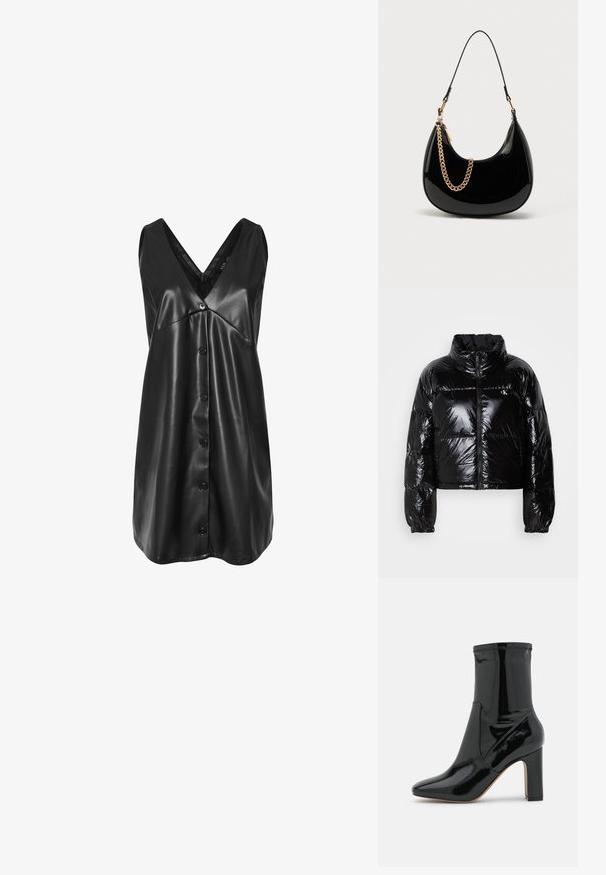 Chaqueta acolchada negra con textura brillante y suave, diseño corto, cuello alto y puños elásticos. Presenta un cierre frontal y detalles del logo.; Vestido negro sin mangas de cuero sintético con escote en V, botonadura en la parte frontal y dobladillo ligeramente acampanado.; Call it Spring Botines - black; Bolso de mano de piel sintética negra con forma curva, una correa delgada para el hombro y un detalle de cadena dorada en la parte frontal. Textura suave, diseño minimalista.