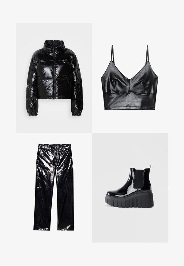 Must värviline sulejope, millel on sädelev, sile tekstuur, lühendatud disain, kõrge krae ja elastsed mansetid. Ees on lukk ja logodetail.; Must musta bralette, millel on õhukesed reguleeritavad rihmad, V-kujulise kaelus, sile tekstuur ja diskreetne kogumine dekoltee piirkonnas, et anda kuju.; Mustad, kõrgläikega, kunstnahast püksid laiemate jalgadega, klassikalise viie tasku disainiga, nupu ja lukuga sulgemine ning läikiv tekstuur.; Must matte mustan avokaado, millel on elastsed külgpaneelid, jämedad platvormpõhjaga ja tagaküljel silmus tõmbetab. Sile tekstuur ja voolav disain.