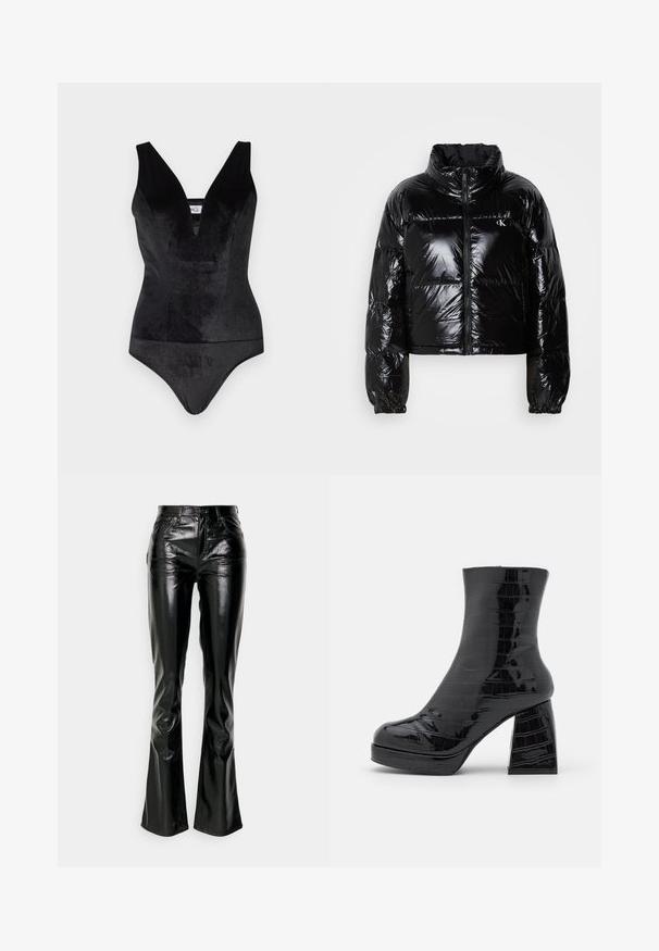 Doudoune noire avec une texture brillante et lisse, design cropped, col haut et poignets élastiqués. Comprend une fermeture éclair à l'avant et un détail de logo.; Bodysuit noir avec un décolleté en V profond, fabriqué en matériau doux et extensible, doté de larges bretelles et d'une silhouette ajustée.; Gap Tall STRAIGHT PATENT - Pantalon classique - true black; Even&Odd by Zalando Bottines à plateau - black