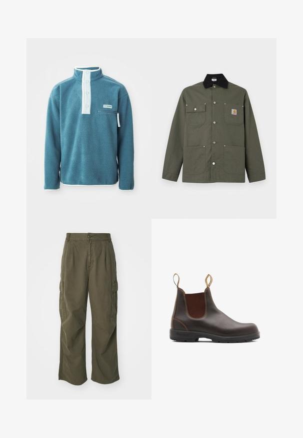 Chaqueta de lona verde con cuello negro, cuatro bolsillos delanteros, cierre con botones de presión y un pequeño parche con el logo de Carhartt en el bolsillo del pecho.; Sudadera de forro polar color azul verdoso con un cuello alto, cuatro botones en el frente y un bolsillo en el pecho con cremallera. Presenta ribetes blancos en el cuello y las mangas.; Pantalones cargo en verde oliva, fabricados en algodón, con un diseño de pierna ancha, pliegues y bolsillos laterales para mayor utilidad.; Botas Chelsea de cuero marrón con paneles laterales elásticos y tiradores. Parte superior texturizada, suela de goma duradera y detalle de costura en contraste.