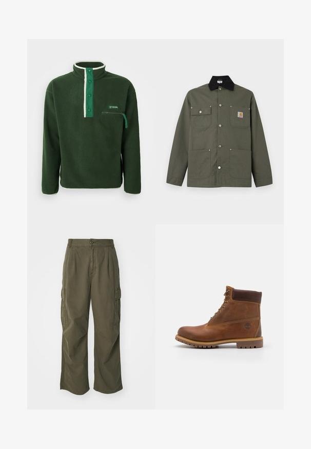 Chaqueta de lona verde con cuello negro, cuatro bolsillos delanteros, cierre con botones de presión y un pequeño parche con el logo de Carhartt en el bolsillo del pecho.; Polaire verde con cuello alto, que presenta una cremallera blanca en contraste, botones a presión y un bolsillo en el pecho con cremallera. Tejido texturizado.; Pantalones cargo en verde oliva, fabricados en algodón, con un diseño de pierna ancha, pliegues y bolsillos laterales para mayor utilidad.; Botas de senderismo de cuero marrón con un acabado suave, tobillo acolchado, ojales de metal y suela de goma con un patrón de tracción robusto.