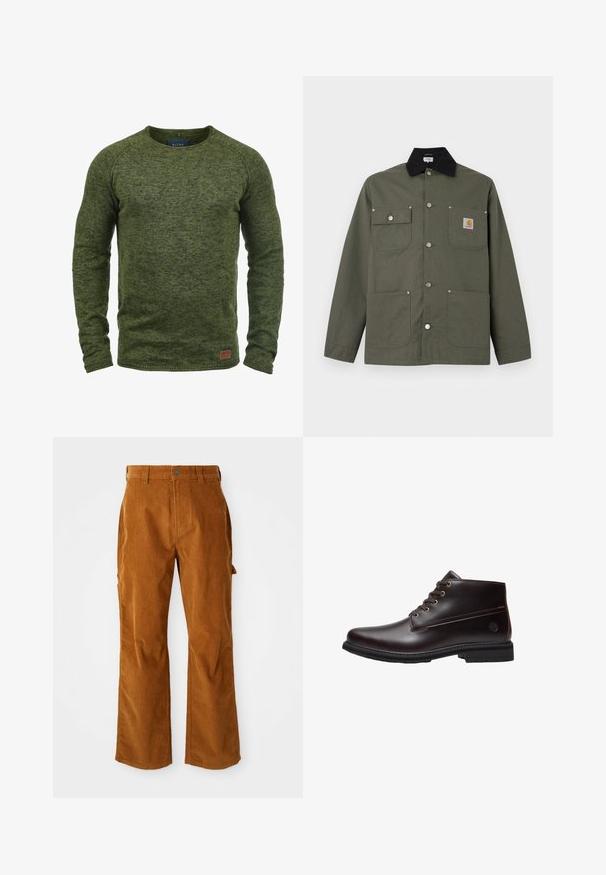 Chaqueta de lona verde con cuello negro, cuatro bolsillos delanteros, cierre con botones de presión y un pequeño parche con el logo de Carhartt en el bolsillo del pecho.; Suéter verde hecho de tejido de punto texturizado, con cuello redondo, mangas largas y un pequeño parche de logo marrón en la parte inferior delantera.; Pantalones de pana marrones con un diseño de pierna acampanada, que cuentan con bolsillos laterales y un cierre de botón en la parte delantera. La textura es suave y estriada.; Botín de cuero marrón oscuro con cordones, suela negra y logo sutil de la marca en el lateral, mostrado de perfil sobre un fondo blanco.