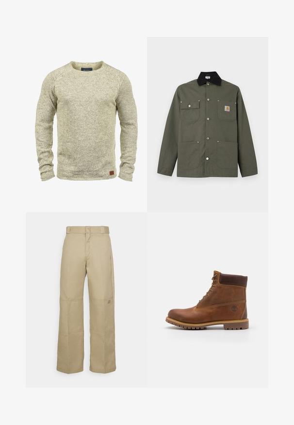 Veste en toile verte avec col noir, quatre poches avant, fermeture par boutons-pression, et un petit écusson logo Carhartt sur la poche poitrine.; Pull en tricot beige clair avec des manches longues, un col rond et une finition texturée. Il présente une petite étiquette en cuir marron sur l'ourlet.; Pantalons larges beiges en tissu résistant, dotés d'une taille haute, de coutures visibles et d'un petit logo sur le côté.; Botte de randonnée en cuir marron avec une finition lisse, cheville rembourrée, œillets en métal et semelle en caoutchouc dotée d'un motif de crampons robuste.