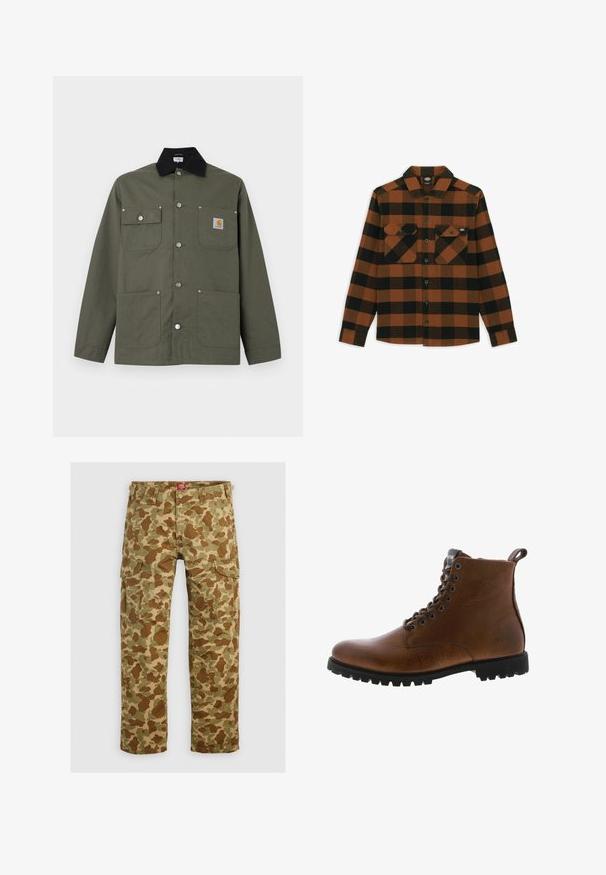 Zelená plátenná bunda s čiernym golierom, štyrmi prednými vreckami, zapínaním na pracku a malou nášivkou s logom Carhartt na hrudnom vrecku.; Tričko s dlhým rukávom v oranžovo-čiernej kockovanej vzore, vyrobené z textúrovaného materiálu. Má dve náprsné vrecká a zapínanie na gombíky.; Maskáčové cargo nohavice v rôznych odtieňoch zelenej a hnedej farby, s množstvom vreciek a vo voľnom strihu, vyrobené z odolnej látky.; Hnedé kožené členkové topánky s textúrovaným povrchom, kovovými očkami a čiernou gumovou podrážkou s výrazným dezénom. Obsahujú pútko na zadnej strane pre jednoduchšie obúvanie.
