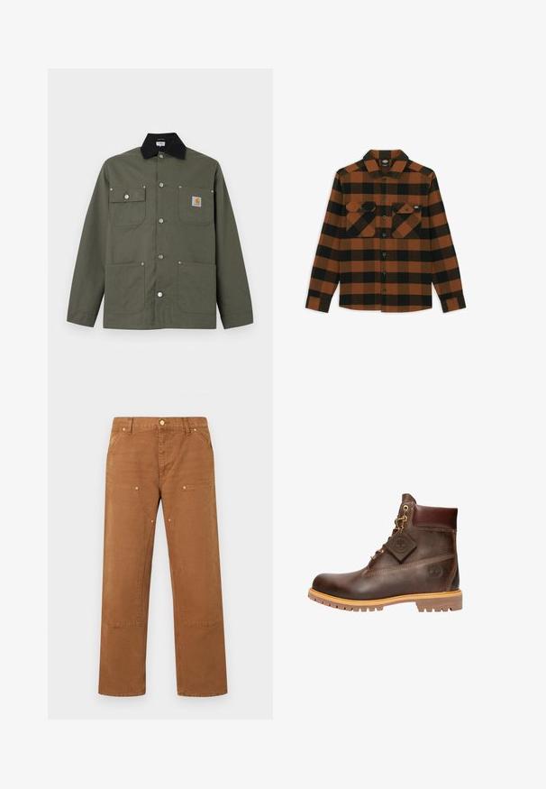 Veste en toile verte avec col noir, quatre poches avant, fermeture par boutons-pression, et un petit écusson logo Carhartt sur la poche poitrine.; Chemise à manches longues en motif écossais orange et noir, fabriquée dans un tissu texturé. Comprend deux poches poitrine et une fermeture à boutons.; Pantalon marron à jambes droites avec poches plaquées à l'avant, détails à rivets, passants pour ceinture et fermeture par bouton à la taille.; Bottine en cuir marron avec un bout rond, une semelle robuste, des éléments en doré et un dessus texturé. Comprend une étiquette de logo attachée.