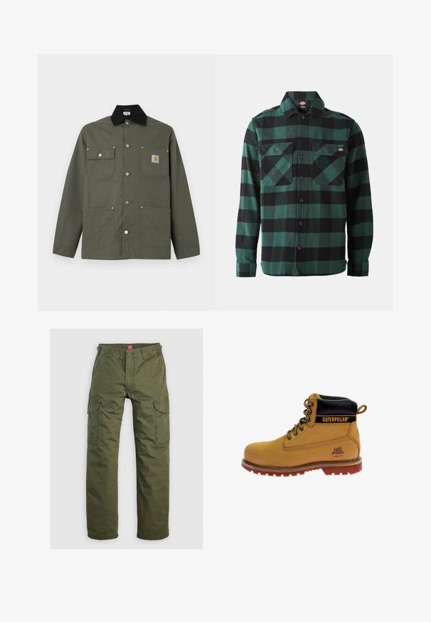 Groene canvas jas met zwarte kraag, vier zakken aan de voorkant, drukknopen als sluiting en een klein Carhartt-logo op de borstzak.; Groene en zwarte geruite flanellen overhemd met lange mouwen, knoopsluiting aan de voorkant, twee borstzakken en een klassieke kraag. Zachte textuur, veelzijdig ontwerp.; Olijfgroene cargobroek gemaakt van duurzame stof, met zijzakken, een knoopsluiting en een rechte pijpdesign.; Tan leren werklaars met zwarte kraag, stalen neuzen, bruine rubberen zool, oranje accenten en logo-detail aan de zijkant.