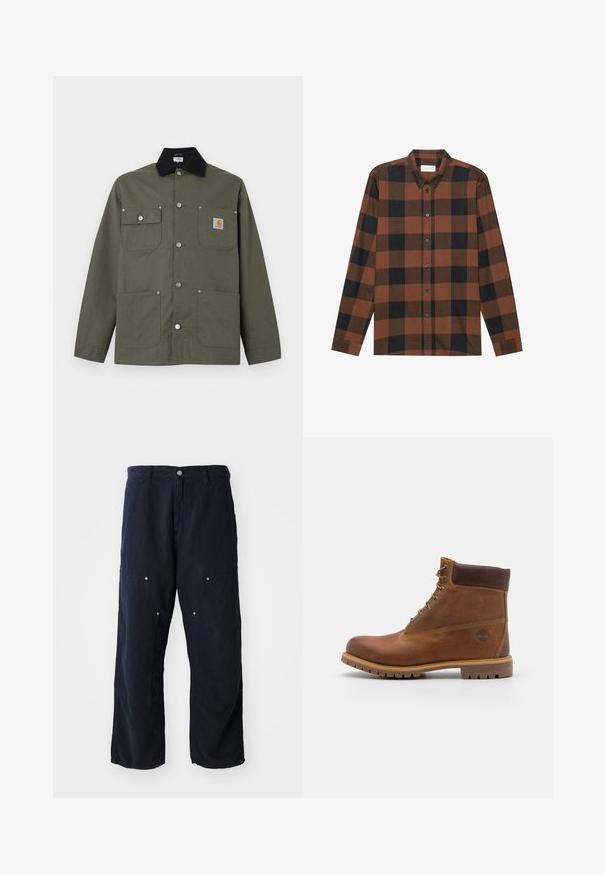 Grøn lærredsjakke med sort krave, fire forlommer, lukning med trykknapper og et lille Carhartt-logo på brystlommen.; Brun og sort ternet langærmet skjorte lavet af stof med button-down krave og knaplukning; har manchetter ved ærmerne.; Marineblå brede bukser lavet af bomuld med en struktureret overflade. Har to frontlommer med knapdetaljer og en frontlukning med knap.; Brun læder vandrestøvle med en glat finish, polstret ankel, metalliske snørehuller og en gummisål med et robust dækmønster.
