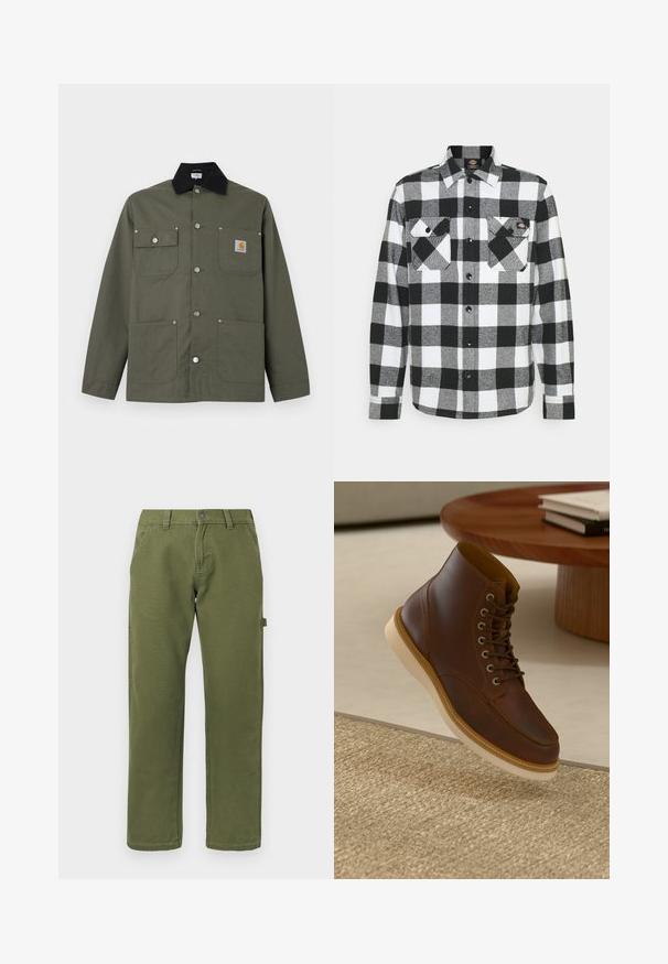 Zelená plátenná bunda s čiernym golierom, štyrmi prednými vreckami, zapínaním na pracku a malou nášivkou s logom Carhartt na hrudnom vrecku.; Čierno-biely flanelový košeľa s károvaným vzorom, s dvoma náprsními vreckami, zapínaním na gombíky a golierom. Mäkčená, štruktúrovaná tkanina.; Rovné olivové nohavice so prednými vreckami, pútkom na opasok, zapínaním na gombík a bočným úchytom na utilitárne predmety na jednofarebnom pozadí.; Hnedé kožené členkové čižmy s béžovou podrážkou na textúrovanom béžovom koberci vedľa okrúhleho dreveného stola so stohom kníh.