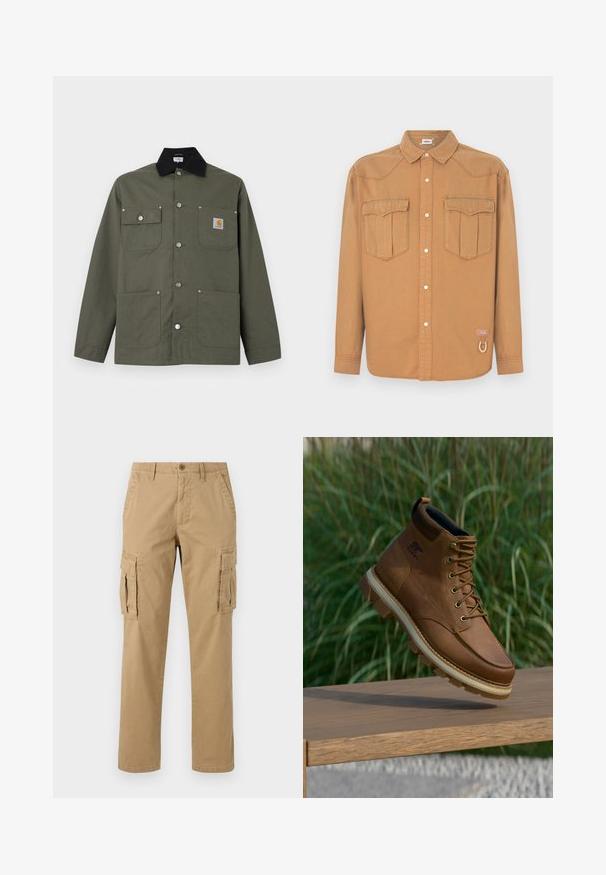 Chaqueta de lona verde con cuello negro, cuatro bolsillos delanteros, cierre con botones de presión y un pequeño parche con el logo de Carhartt en el bolsillo del pecho.; Camisa de mezclilla marrón con dos bolsillos en el pecho, cuello puntiagudo, cierre de botones en el frente y costuras en contraste. Presenta un parche con logo y detalle de presilla.; Pantalones cargo beige con dos bolsillos laterales, cierre de botón, diseño de pierna recta y una tela suave y texturizada.; Bota de senderismo Sorel de cuero marrón con suela de dibujo gruesa flotando sobre una superficie de madera, con césped verde al fondo.