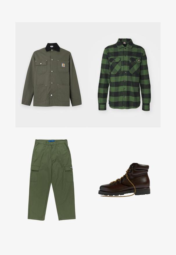 Chaqueta de lona verde con cuello negro, cuatro bolsillos delanteros, cierre con botones de presión y un pequeño parche con el logo de Carhartt en el bolsillo del pecho.; Camisa de franela a cuadros verde y negra con dos bolsillos en el pecho, cierre de botones, mangas largas y cuello puntiagudo. Textura suave.; Pantalones cargo verdes con un corte recto, múltiples bolsillos laterales y cierre con cremallera. Fabricados en tejido de algodón resistente. Presenta etiqueta de la marca.; Botas de senderismo de cuero marrón con punta redondeada, superficie texturizada, cordones amarillos y ojales de metal. Cuentan con una suela de goma negra resistente.