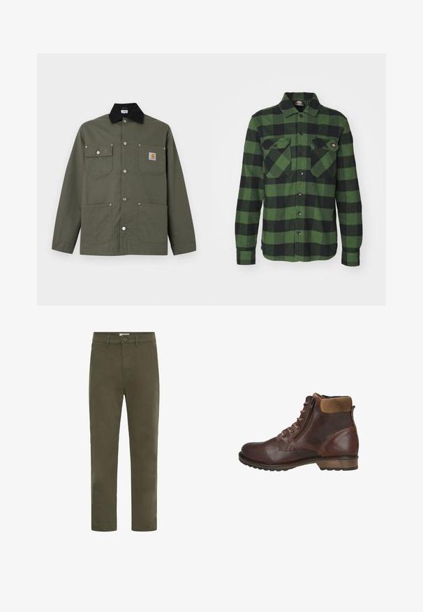 Chaqueta de lona verde con cuello negro, cuatro bolsillos delanteros, cierre con botones de presión y un pequeño parche con el logo de Carhartt en el bolsillo del pecho.; Camisa de franela a cuadros verde y negra con dos bolsillos en el pecho, cierre de botones, mangas largas y cuello puntiagudo. Textura suave.; Pantalones informales rectos de color verde oliva para hombre, con cierre de botón y trabillas para cinturón, diseñados para el uso diario.; Botín marrón de cuero con cordones delanteros, cremallera lateral, cuello acolchado y tacón bajo apilado sobre fondo blanco.