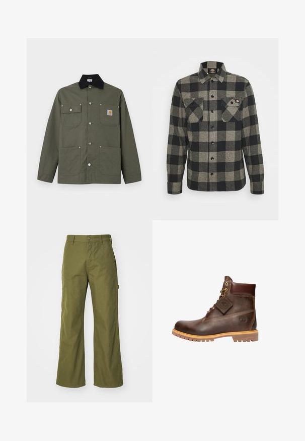 Grøn lærredsjakke med sort krave, fire forlommer, lukning med trykknapper og et lille Carhartt-logo på brystlommen.; Sort og gråternet flannel skjorte med lange ærmer, knaplukning foran, to brystlommer og en let bøjet kant. Struktureret stof.; Oliven grønne bukser med bred ben, lavet af slidstærkt stof, med knaplukning, sidelommer og lige kantdesign.; Brun læder ankelstøvle med rund tå, solid sål, hardware i guldtone og en tekstureret overdel. Inkluderer et logo-tagfæstet.
