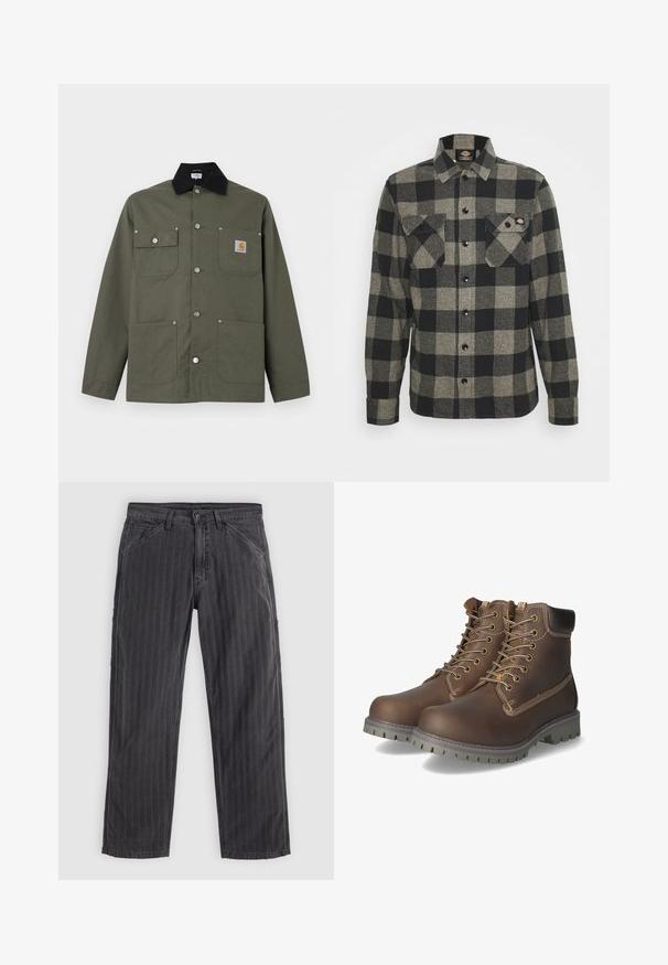 Veste en toile verte avec col noir, quatre poches avant, fermeture par boutons-pression, et un petit écusson logo Carhartt sur la poche poitrine.; Chemise en flanelle à carreaux noirs et gris, à manches longues, à boutonnière à l'avant, avec deux poches sur la poitrine et un ourlet légèrement arrondi. Tissu texturé.; Pantalons à rayures noires en tissu mélangé coton. Présentent un design à jambe droite, des poches latérales et une fermeture à bouton.; Bottines en cuir marron avec lacets, col rembourré, coutures contrastantes et semelle en caoutchouc robuste avec motifs de traction.