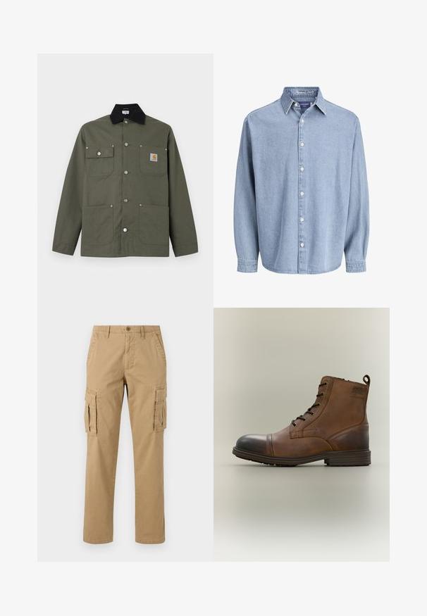Grøn lærredsjakke med sort krave, fire forlommer, lukning med trykknapper og et lille Carhartt-logo på brystlommen.; Lysblå denim skjorte med lange ærmer og knapper, med krave og hvide knapper, præsenteret mod en helt hvid baggrund.; Beige cargobukser med to sidelommer, knaplukning, lige ben og et blødt, tekstureret stof.; Brun læderstøvle med snørebånd, sort tåhætte, rund sål og mærket detalje på siden mod ensfarvet baggrund.