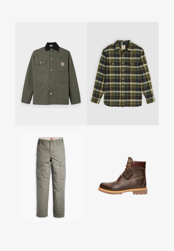 Grøn lærredsjakke med sort krave, fire forlommer, lukning med trykknapper og et lille Carhartt-logo på brystlommen.; Grønternet flannel skjorte med lange ærmer, med to brystlommer og hvide knapper. Materialet har en blød tekstur og et afslappet design.; Cargo bukser i olivengrøn, lavet af slidstærkt bomuldsblanding, med sidelommer, lige ben design og knaplukning.; Brun læder ankelstøvle med rund tå, solid sål, hardware i guldtone og en tekstureret overdel. Inkluderer et logo-tagfæstet.