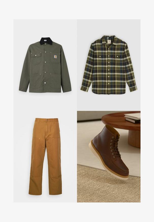 Grøn lærredsjakke med sort krave, fire forlommer, lukning med trykknapper og et lille Carhartt-logo på brystlommen.; Grønternet flannel skjorte med lange ærmer, med to brystlommer og hvide knapper. Materialet har en blød tekstur og et afslappet design.; Brune bomuldsarbejdsbukser med lige ben-design, der har frontlommer og metalhardware detaljer for ekstra holdbarhed.; Brune læderankelstøvle med beige sål på et struktureret beige tæppe ved siden af et rundt træbord med stakke af bøger.