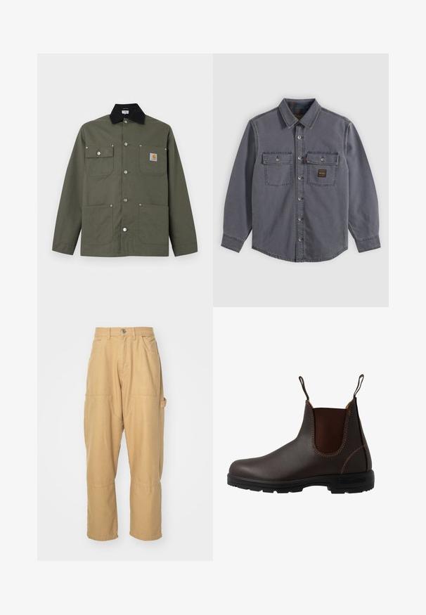 Chaqueta de lona verde con cuello negro, cuatro bolsillos delanteros, cierre con botones de presión y un pequeño parche con el logo de Carhartt en el bolsillo del pecho.; Camisa de manga larga en gris oscuro con botones, cuello, dos bolsillos en el pecho con solapas y botones, y un pequeño parche rectangular en el bolsillo derecho.; Pantalones cargo beige hechos de una mezcla de algodón. Presentan múltiples bolsillos, piernas rectas y un cierre de botón en la cintura.; Bota Chelsea de cuero marrón con panel elástico lateral, costuras marrones, tiradores y suela de goma resistente con un patrón texturizado.