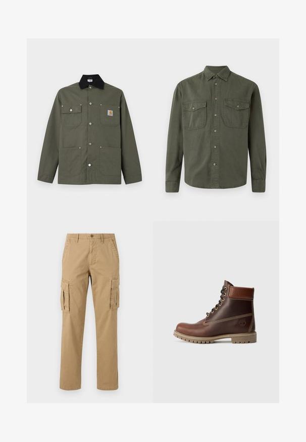 Veste en toile verte avec col noir, quatre poches avant, fermeture par boutons-pression, et un petit écusson logo Carhartt sur la poche poitrine.; Chemise à manches longues kaki en coton. Elle présente un devant à boutons, deux poches poitrine avec rabats et un col classique. Design simple.; Pantalons cargo beiges avec deux poches latérales, une fermeture par bouton, un design droit et un tissu doux et texturé.; Bottine en cuir marron à lacets, avec un col rembourré, des coutures contrastées et une semelle robuste, vue de l'extérieur sur un fond blanc.