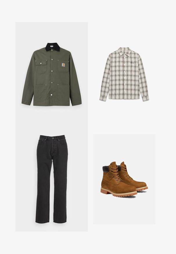 Chaqueta de lona verde con cuello negro, cuatro bolsillos delanteros, cierre con botones de presión y un pequeño parche con el logo de Carhartt en el bolsillo del pecho.; Camisa de manga larga con botones, con patrón a cuadros beige y negro, cuello y pequeño texto negro en el pecho izquierdo.; Jeans de denim negro con un diseño de pierna recta, que cuentan con un cierre de botón frontal, lazos para cinturón y dos bolsillos laterales. Tejido texturizado.; Botines de ante marrón con un cuello acolchado negro, ojales dorados y suela de goma gruesa con un patrón de tacos para mayor tracción.
