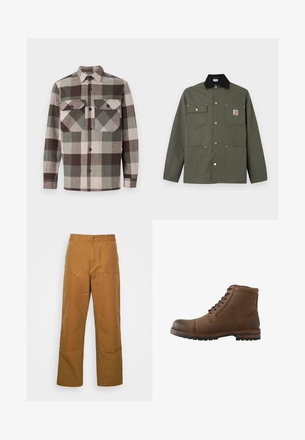 Veste en toile verte avec col noir, quatre poches avant, fermeture par boutons-pression, et un petit écusson logo Carhartt sur la poche poitrine.; Chemise à carreaux dans des tons marron, vert et beige. Dotée d'un col, de deux poches poitrine et d'une fermeture à boutons sur le devant. Tissu texturé.; Pantalons utilitaires en coton marron avec une coupe droite, dotés de poches avant et d'accents en métal pour une durabilité accrue.; Bottine en cuir marron avec laçage à l'avant et semelle robuste, conçue pour une utilisation décontractée ou en extérieur.