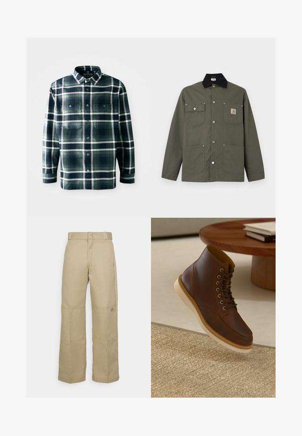 Veste en toile verte avec col noir, quatre poches avant, fermeture par boutons-pression, et un petit écusson logo Carhartt sur la poche poitrine.; Chemise à manches longues à carreaux bleu marine et vert, avec un front entièrement boutonné, deux poches poitrine et un col classique.; Pantalons larges beiges en tissu résistant, dotés d'une taille haute, de coutures visibles et d'un petit logo sur le côté.; Bottine en cuir marron avec semelle beige sur un tapis beige texturé à côté d'une table ronde en bois avec des livres empilés.