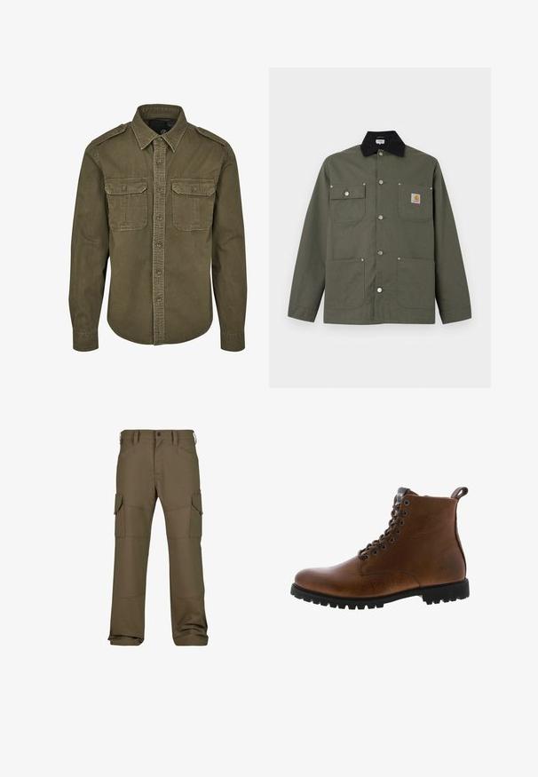 Grøn lærredsjakke med sort krave, fire forlommer, lukning med trykknapper og et lille Carhartt-logo på brystlommen.; Oliven grøn skjorte med knapper lavet af bomuld. Har krave, to brystlommer med klapper og strukturerede skuldre med synlige sømme.; Cargo bukser i mørke olivengrøn med flere lommer, forstærket syning, lige pasform og en glat tekstureret stof.; Brune læder ankelstøvler med tekstureret overflade, metaløjer og sort gummisål. Har en træktab bagpå for nem påtagning.