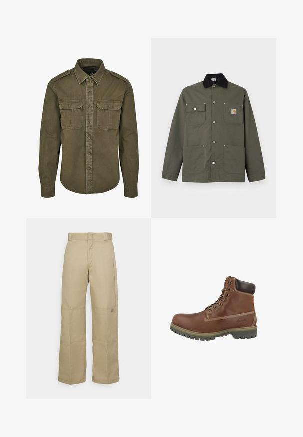 Groene canvas jas met zwarte kraag, vier zakken aan de voorkant, drukknopen als sluiting en een klein Carhartt-logo op de borstzak.; Olijf groene button-up shirt van katoen. Heeft een kraag, twee borstzakken met kleppen en gestructureerde schouders met zichtbare stiksels.; Beige wijde broek gemaakt van stevig materiaal, met een hoge taille, zichtbare stiksel en een klein logopatch aan de zijkant.; Bruine leren enkellaars met een afgeronde neus, gevoerde kraag, witte stiksels en een rubberen buitenzool met een gripprofiel.