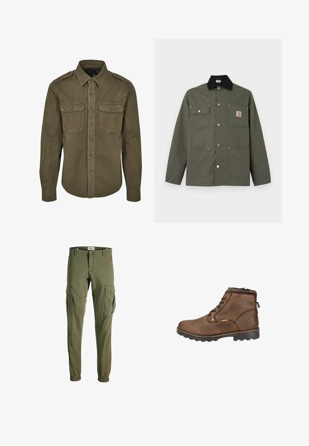 Chaqueta de lona verde con cuello negro, cuatro bolsillos delanteros, cierre con botones de presión y un pequeño parche con el logo de Carhartt en el bolsillo del pecho.; Camisa verde oliva de botones hecha de algodón. Cuenta con un cuello, dos bolsillos en el pecho con solapas y hombros estructurados con costuras visibles.; Pantalones cargo de color verde oliva, confeccionados en tejido suave, con bolsillos laterales, puños elásticos en los tobillos y un diseño ajustado clásico.; Bota de cuero marrón hasta el tobillo con punta redonda, diseño con cordones, cuello acolchado y suela de goma texturizada. Presenta logotipo y acentos metálicos.