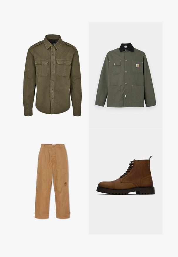 Chaqueta de lona verde con cuello negro, cuatro bolsillos delanteros, cierre con botones de presión y un pequeño parche con el logo de Carhartt en el bolsillo del pecho.; Camisa verde oliva de botones hecha de algodón. Cuenta con un cuello, dos bolsillos en el pecho con solapas y hombros estructurados con costuras visibles.; Pantalones de trabajo color caqui, hechos de una tela resistente, cuentan con múltiples bolsillos, un cierre de botón y un logo bordado en el muslo.; Botín de cuero marrón con cordones, pernas cortas y suela negra gruesa con relieve, con una pestaña de agarre, sobre un fondo blanco.