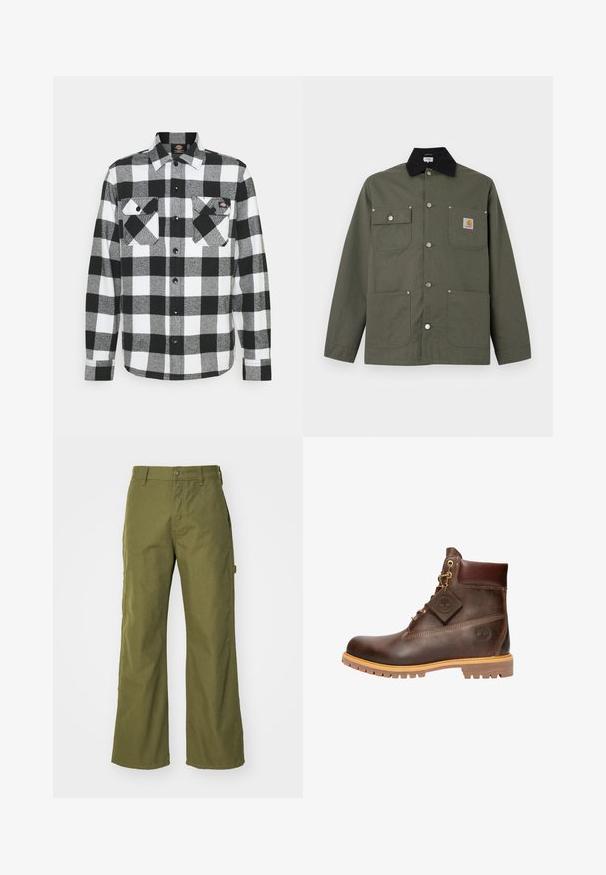 Grøn lærredsjakke med sort krave, fire forlommer, lukning med trykknapper og et lille Carhartt-logo på brystlommen.; Sort og hvid flannel skjorte med ternet mønster, prydet med to brystlommer, knaplukning foran og krave. Blødt, tekstureret stof.; Oliven grønne bukser med bred ben, lavet af slidstærkt stof, med knaplukning, sidelommer og lige kantdesign.; Brun læder ankelstøvle med rund tå, solid sål, hardware i guldtone og en tekstureret overdel. Inkluderer et logo-tagfæstet.