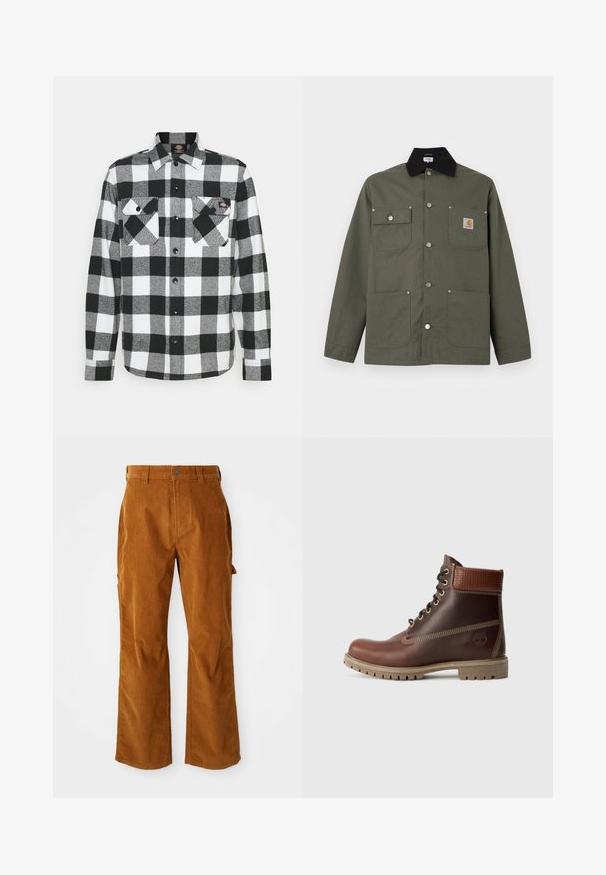 Veste en toile verte avec col noir, quatre poches avant, fermeture par boutons-pression, et un petit écusson logo Carhartt sur la poche poitrine.; Chemise en flanelle noir et blanc avec un motif à carreaux, présentant deux poches poitrine, un devant boutonné et un col. Tissu doux et texturé.; Pantalons en velours côtelé marron avec une coupe évasée, dotés de poches latérales et d'une fermeture à bouton à l'avant. La texture est douce et côtelée.; Bottine en cuir marron à lacets, avec un col rembourré, des coutures contrastées et une semelle robuste, vue de l'extérieur sur un fond blanc.
