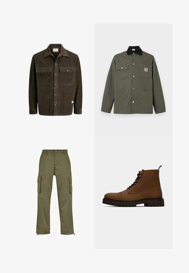 Veste en toile verte avec col noir, quatre poches avant, fermeture par boutons-pression, et un petit écusson logo Carhartt sur la poche poitrine.; Veste en velours côtelé marron avec une texture à côtes verticales, fermeture à boutons sur le devant, deux poches poitrine et un col classique, avec une étiquette de marque discrète à l'ourlet.; Pantalons cargo verts olive avec une coupe droite, deux poches latérales et des fermetures éclair au niveau des chevilles. Fabriqués à partir de tissu durable.; Botte de cheville en cuir marron à lacets avec semelle crantée noire épaisse et languette, sur fond blanc.
