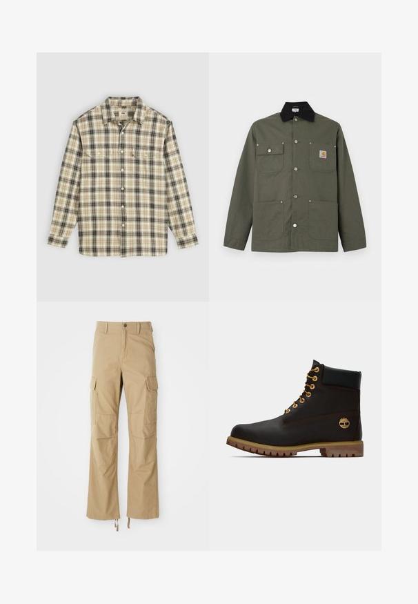 Groene canvas jas met zwarte kraag, vier zakken aan de voorkant, drukknopen als sluiting en een klein Carhartt-logo op de borstzak.; Langarm geruite blouse in beige, zwart en bruin stof, met knoopsluiting, twee borstzakken en een klassiek kraagontwerp.; Khaki cargobroek gemaakt van duurzaam materiaal, met meerdere zijzakken, een rechte pijpdesign en verstelbare koorden aan de zoom.; Zwarte leren enkellaars met gouden oogjes, bruine accenten en een rubberen zool. Heeft een gevoerde kraag en geperst logo aan de zijkant.