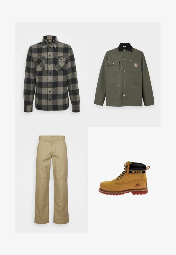 Veste en toile verte avec col noir, quatre poches avant, fermeture par boutons-pression, et un petit écusson logo Carhartt sur la poche poitrine.; Chemise en flanelle à carreaux noirs et gris, à manches longues, à boutonnière à l'avant, avec deux poches sur la poitrine et un ourlet légèrement arrondi. Tissu texturé.; Pantalons larges beige en tissu mélange de coton. Comprend des renforts au niveau des genoux et un petit logo sur la cuisse.; Botte de travail en cuir tan avec un col noir, protection à embout en acier, semelle en caoutchouc brun, accents oranges et détail du logo sur le côté.