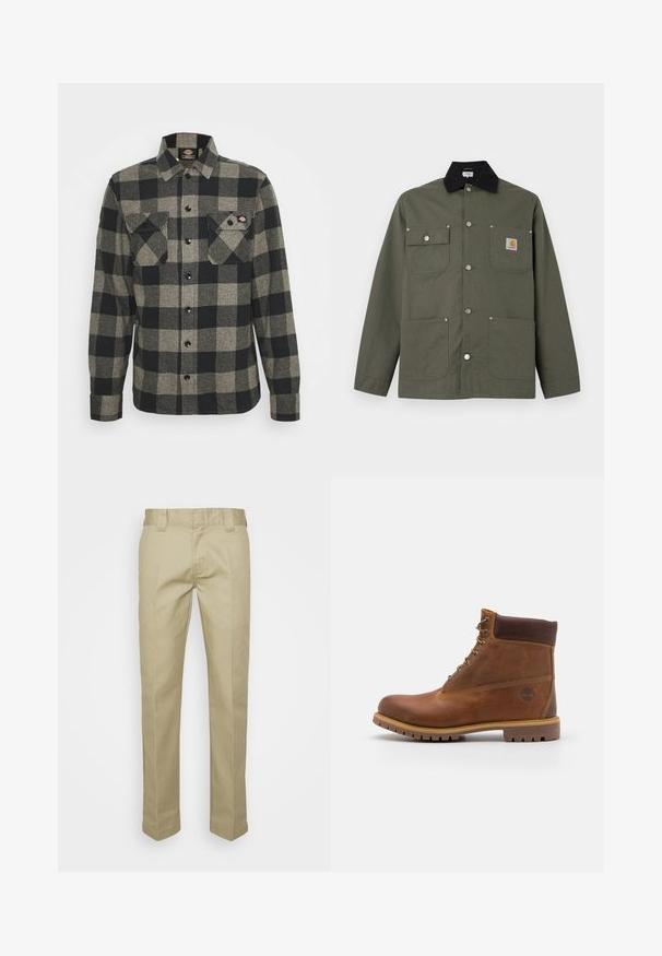 Groene canvas jas met zwarte kraag, vier zakken aan de voorkant, drukknopen als sluiting en een klein Carhartt-logo op de borstzak.; Zwart en grijs geblokt flanellen shirt met lange mouwen, knoopsluiting aan de voorkant, twee borstzakken en een licht gebogen zoom. Gegarneerde stof.; Beige broeken gemaakt van een gladde stof, met een rechte pijpuitvoering, riemlussen en plooien aan de voorkant voor een gepolijste uitstraling.; Bruine leren wandelschoen met een gladde afwerking, gevoerde enkel, metalen oogjes en een rubberen zool met een robuust profiel.