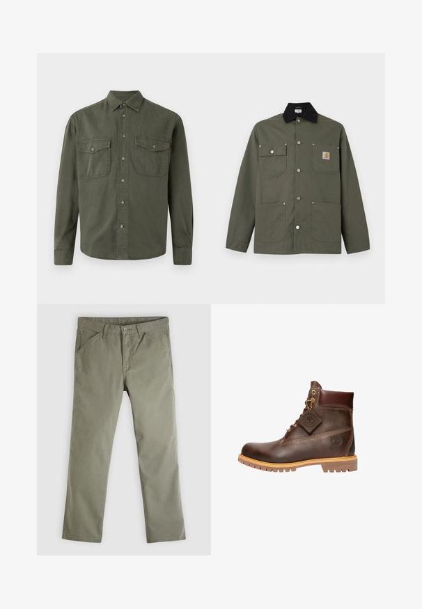 Chaqueta de lona verde con cuello negro, cuatro bolsillos delanteros, cierre con botones de presión y un pequeño parche con el logo de Carhartt en el bolsillo del pecho.; Camisa de manga larga color caqui hecha de algodón. Presenta un cierre de botones en la parte delantera, dos bolsillos en el pecho con solapas y un cuello clásico. Diseño sencillo.; Pantalones casuales de hombre de pierna recta en verde oliva, con bolsillos delanteros y traseros, cierre de botón y trabillas para cinturón.; Botín de cuero marrón hasta el tobillo con punta redonda, suela resistente, herrajes en tono dorado y parte superior texturizada. Incluye una etiqueta con el logo adjunta.